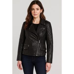 Antonio Melani Black Leather Moto Cropped Biker Motorcycle Jacket Women's Small